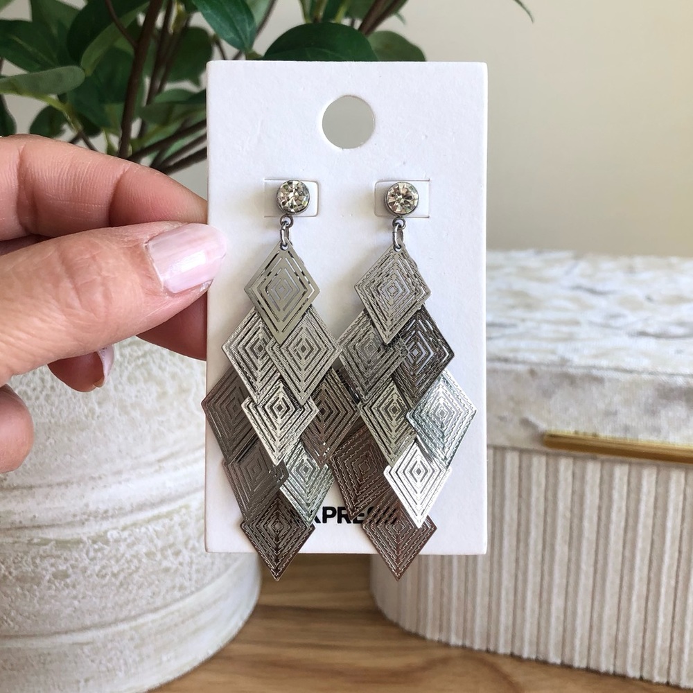 Express Silver Dangle Drop Earrings NEW faux diamond stud detail